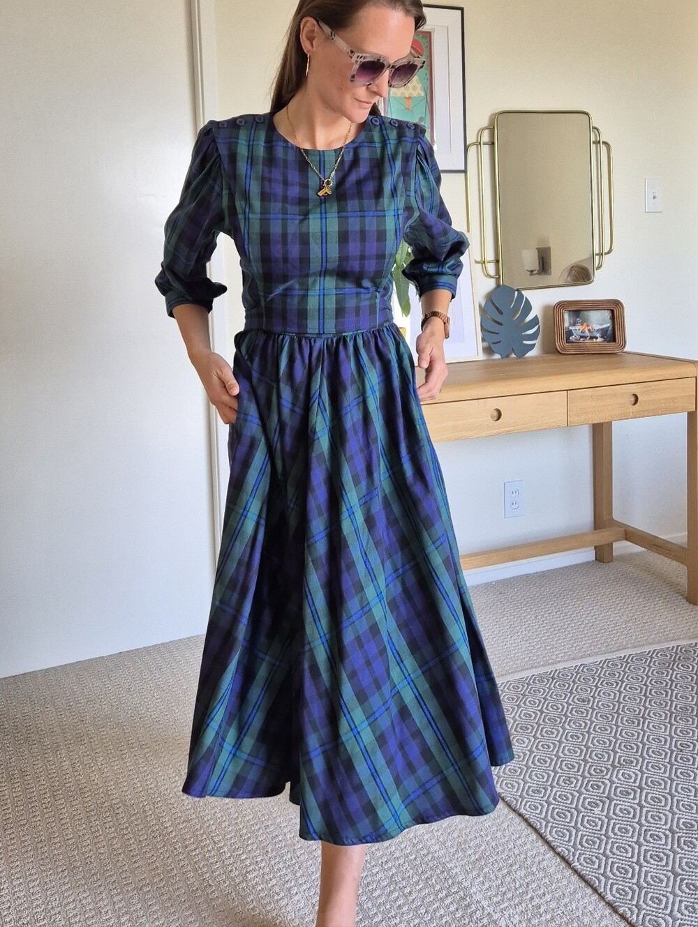 Vintage Tartan Plaid Romantic Midi Dress Made In USA